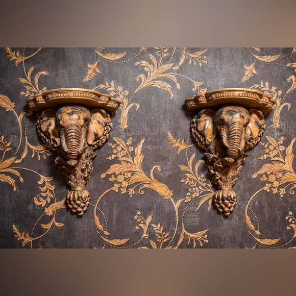 Vintage Elephant Wall Shelf Brackets Pair Heavy Ornate Decor